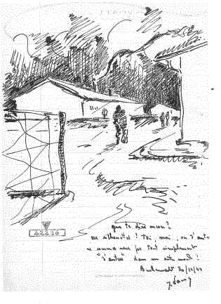 Buchenwald, dessin de Jacques Lamy dans le Cahier-Souvenirs de Foucher-Créteau (1944 ou 1945)