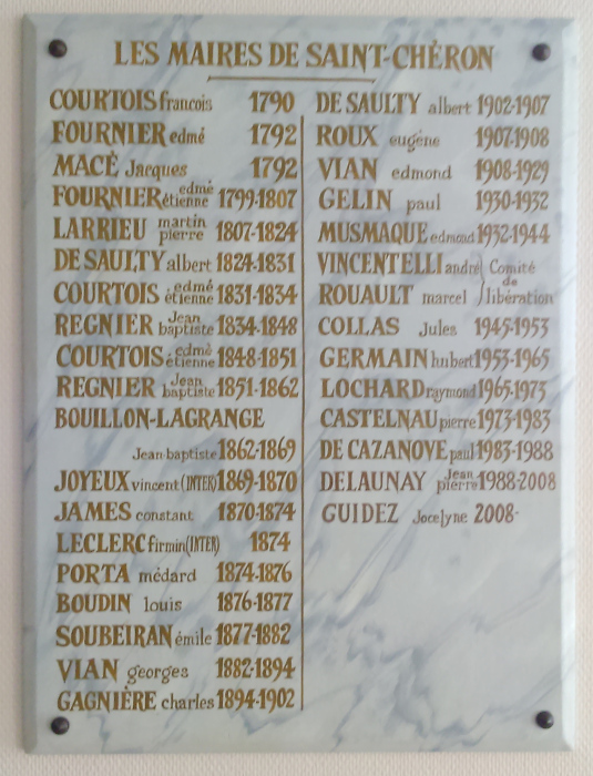 Liste des maires gravée à l'Hôtel de Ville de Saint-Chéron (cliché de Bernard Gineste)