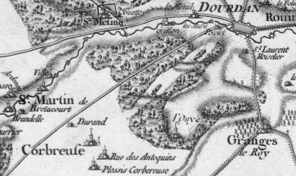 De Dourdan à Corbreuse, sur la carte de Cassini de 1756