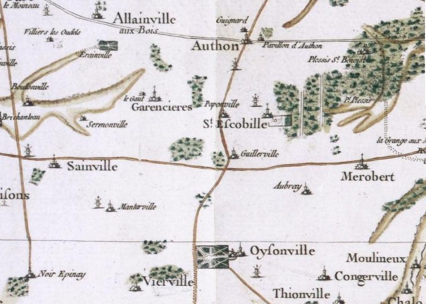 Authon, Le Plessis, Hérouville, Garencières, Sainville et Vierville sur la carte de Cassini de 1756