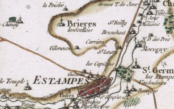 Etampes, Villeneuve-sous-Montfaucon et Brières-les-Scellés selon la carte de Cassini de 1756