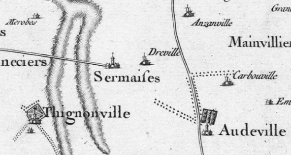 Audeville, Sermaises et Merobes sur la carte de Cassini, réédition de 1815