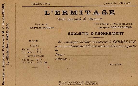 Bulletin d'abonnement à l'Ermitage, revue dirigée en 1902 par Jacques des Gâchons (source: www.remydegourmont.org)
