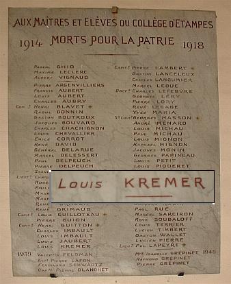 Mention de Louis Krémer sur la liste commémorative des élèves du Collège morts pour la France