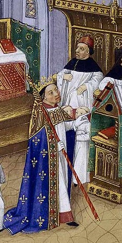 Jean Fouquet: Le saint roi Robert le Pieux avec les chanoines d'Orléans (Grandes Chroniques, XVe siècle)