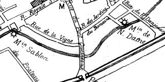 Le Moulin Notre-Dame et la Rue de la Vigne sur le plan d'Etampes sous l'Ancien Régime reconstitué par Léon Marquis en 1881