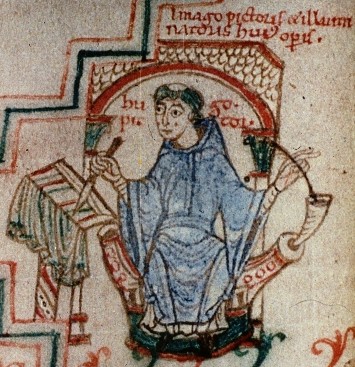 Autoportrait du copiste bénédictin Hugues de Jumièges (ms Bodl. 717, f°287v, fin XIe siècle)