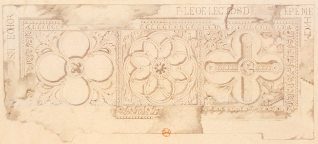 Fragment du tombeau de Pierre le Vénérable à Cluny dessiné par l'architecte Aymar Verdier (1819-1880)