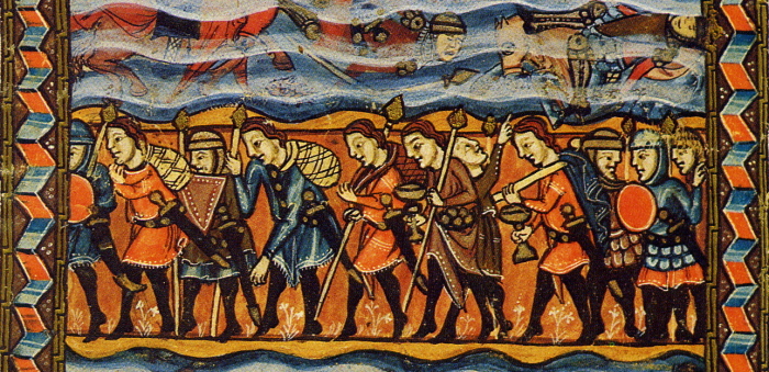 Enluminure d'une Haggadah espagnole du XIVe siècle: Hébreux quittant l'Egypte chargés des dépouilles des Egyptiens (Rylands Library, ms 6, f°19r)