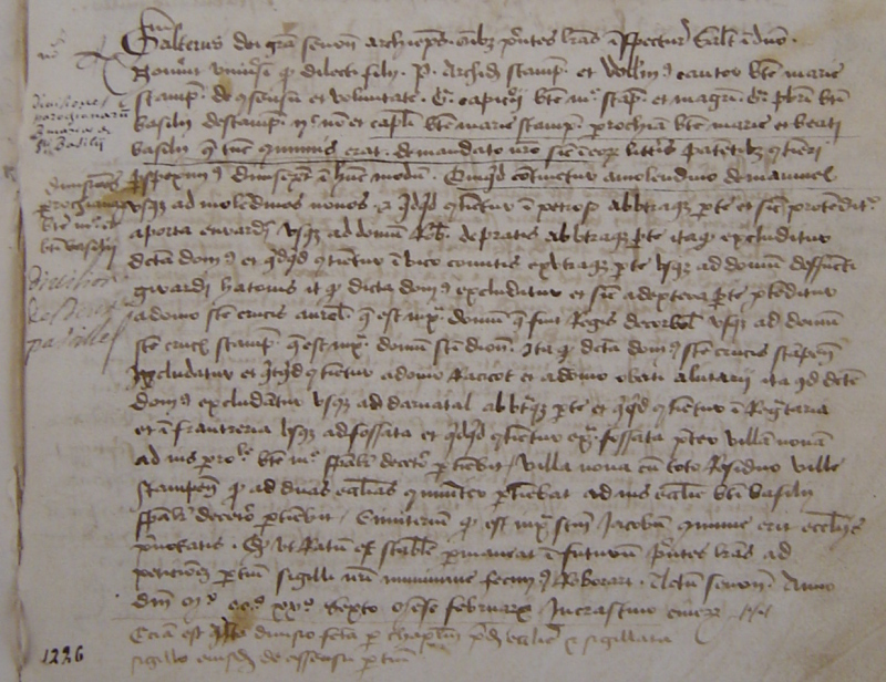 Charte de Gautier Cornu de 1237 (cartulaire de Notre-Dame d'Etampes, XVe siècle, folio 8)
