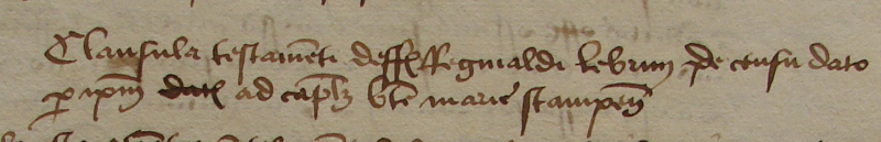 Titre de la clause du testament de Renaud Lebrun copiée dans le cartulaire de Notre-Dame d'Etampes (folio 46 recto)