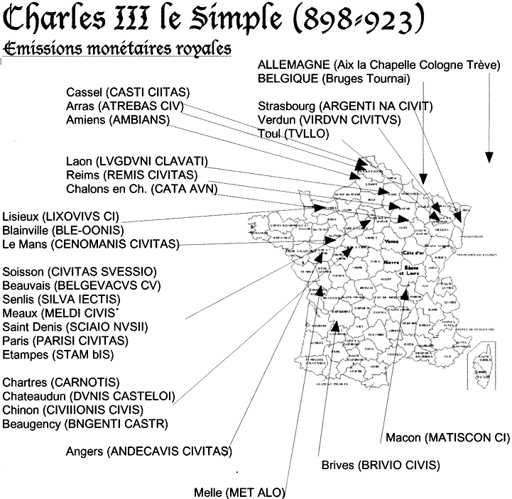 Carte des ateliers monétaires émettant sous Charles II le Simple