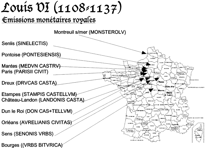 Carte des ateliers monétaires émettant sous Louis VI