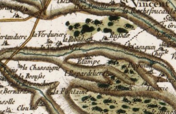 Etampes, hameau de Saint-Adjutory (Charente) sur la carte de Cassini de 1756