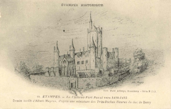 Le château vers 1410-1415 (dessin d'Albert Mayeux, 1912, carte postale Paul Allorge Ee7 n°12)