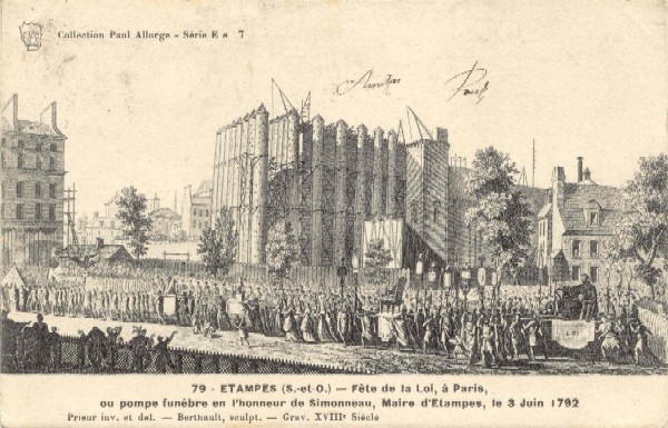 Procession parisienne en l'honneur du Maire d'Etampes, gravure d'époque (carte postales Paul Allorge n°79)