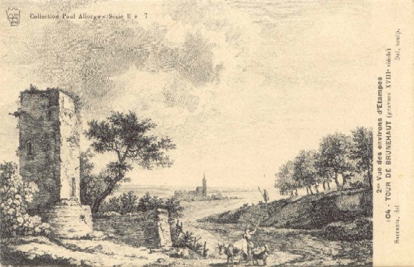 Tour de Brunehaut et Chapelle Saint-Julien au loin (lithographie de Sarrazin, 18e siècle, carte postale de Paul Allorge Ee7 n°104)