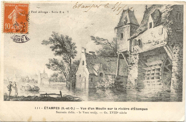 Sarrazin et Le Veau: Vue d'un moulin sur la rivière d'Etampes (gravure du 18e siècle)