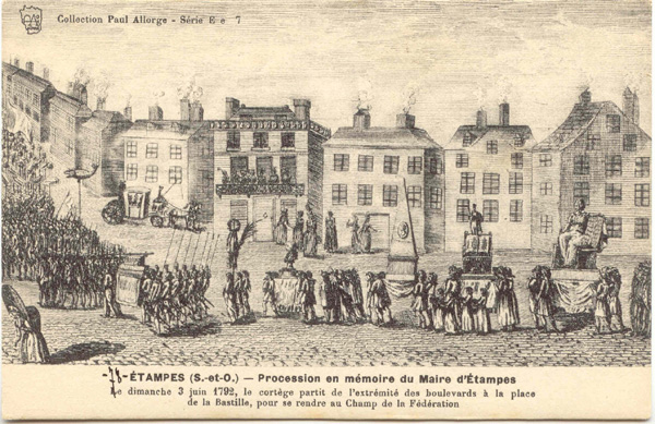 Procession parisienne en l'honneur du Maire d'Etampes, gravure d'époque (carte postales Paul Allorge n°78)