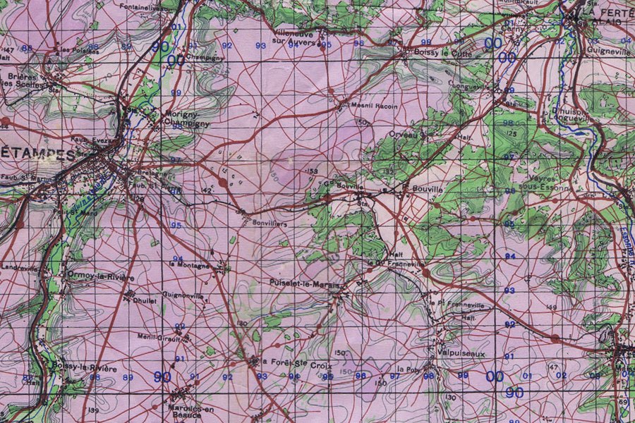Environs de Bouville et Puiselet-le-Marais (carte britannique de l'Île-de-France, vers 1944)