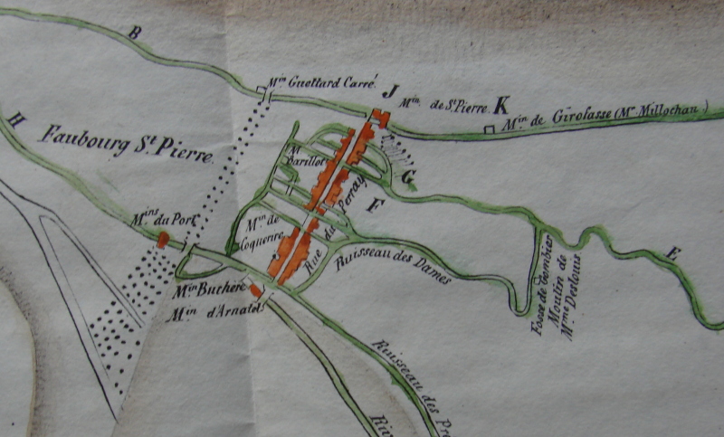 Le moulin de l'Île-Maubelle sur un plan du Juineteau des environs de 1830 (Archives municipales)