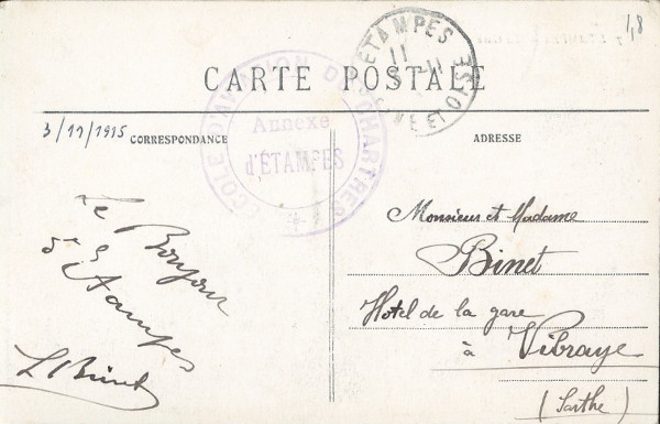 Carte de Louis Binet (Etampes, 3 novembre 1915)