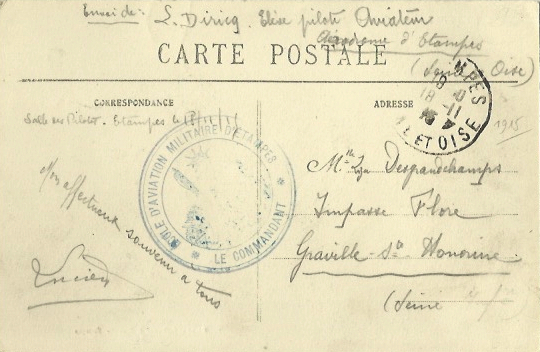 Carte postale de l'élève-aviateur Lucien Diricq (1915)